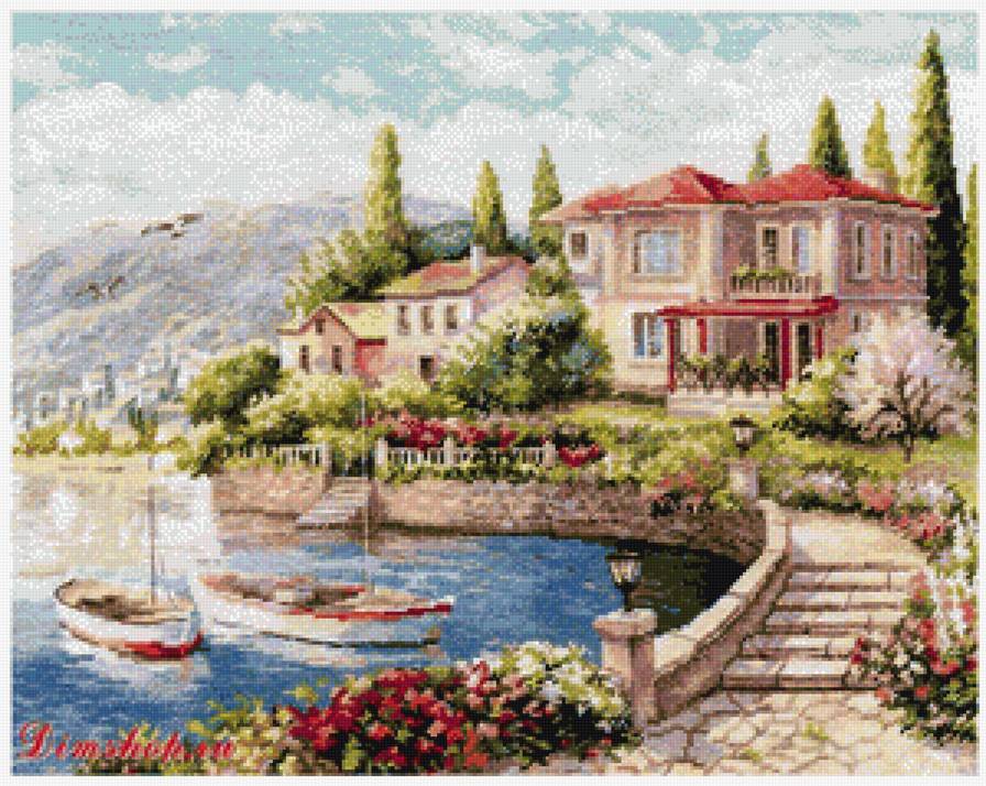 Утро на побережье - дом, море, берег - предпросмотр