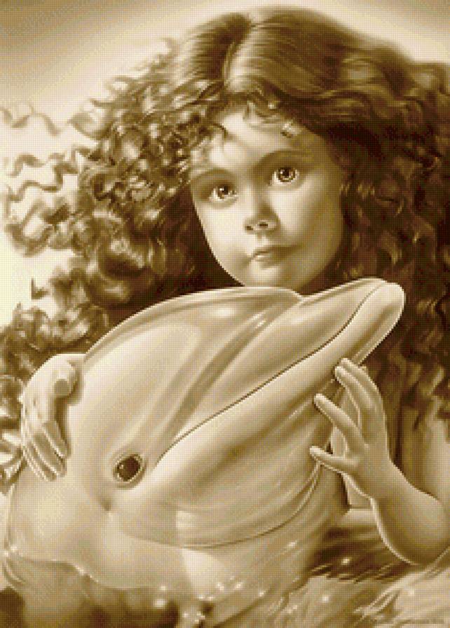 Русалочка - дельфин, сепия, девочка - предпросмотр