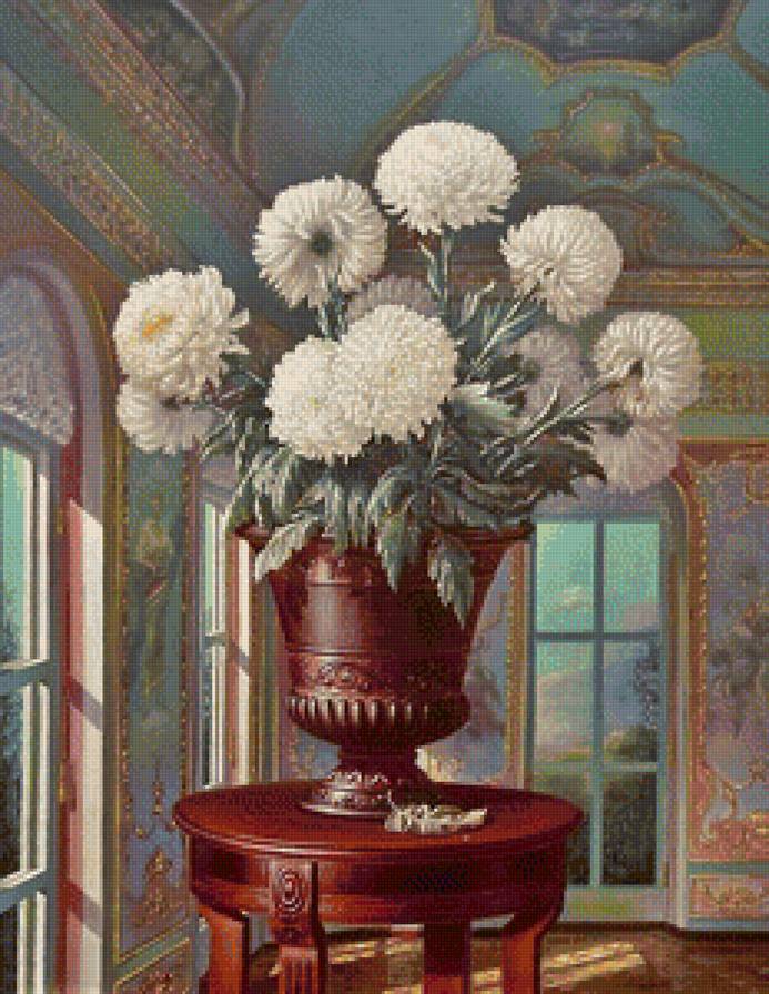 Худ. Сергей Панин - хризантемы, цветы, окно, ваза - предпросмотр