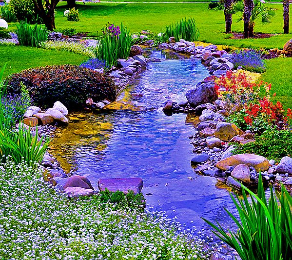 Ручей в саду - вода, ручей, сад, природа - оригинал