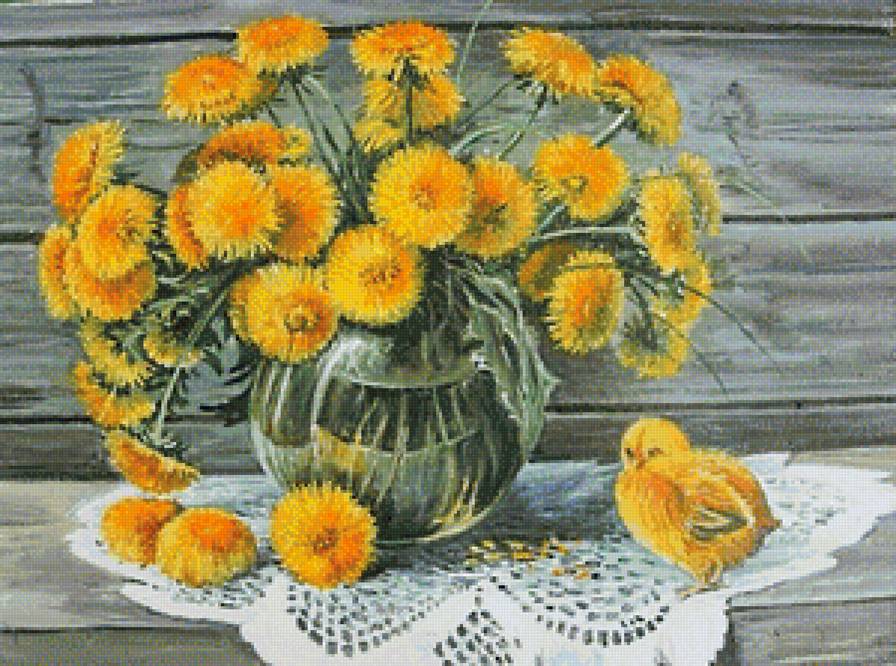 солнечные цветы - цыпленок, одуванчик, натюрморт, желтые цветы, одуванчики - предпросмотр