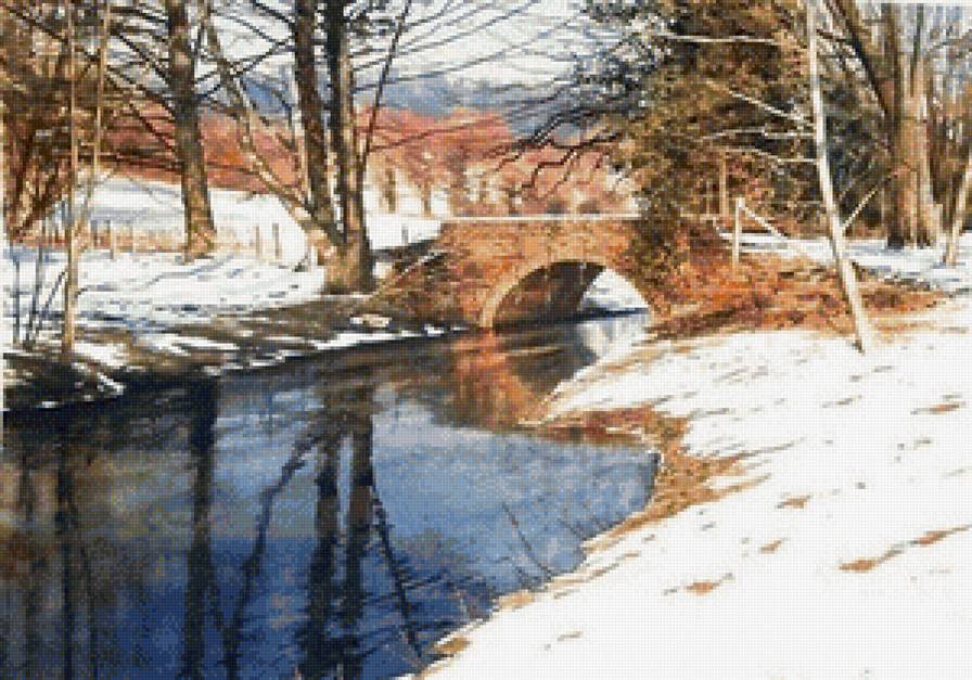 Акварель Весна - мостик, природа, весна, река - предпросмотр