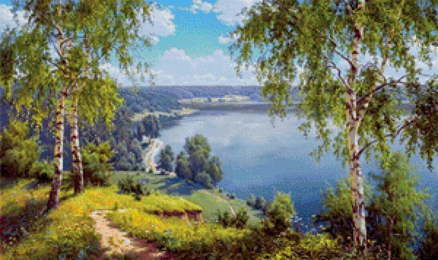 Родные просторы - пейзаж, река, лето, природа, лес, картина - предпросмотр