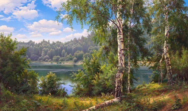 Родные просторы - лето, пейзаж, картина, река, природа, лес - оригинал