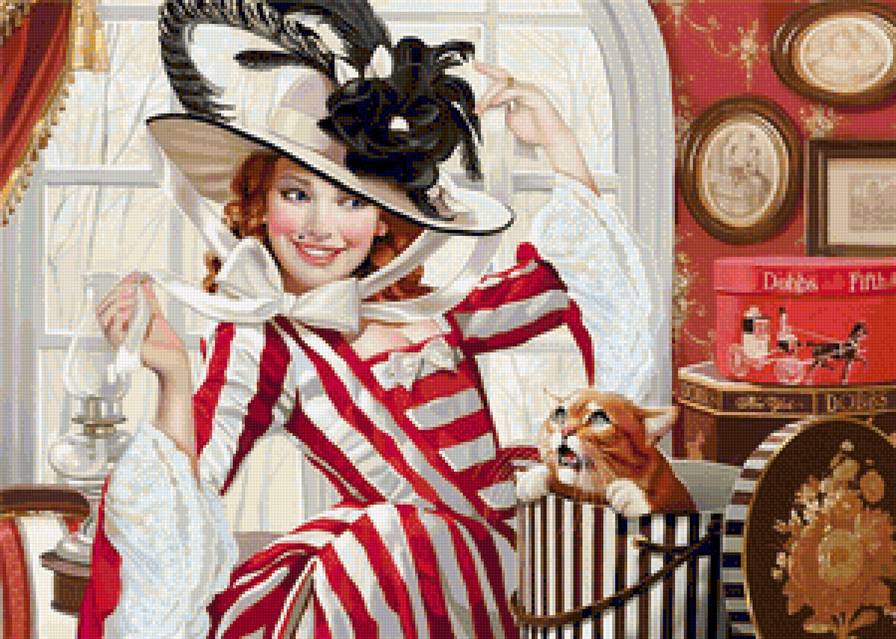 Дамочка с котом - дамочка, дама в шляпке, кошки, женщина, шляпка, девушка, дама, портрет - предпросмотр