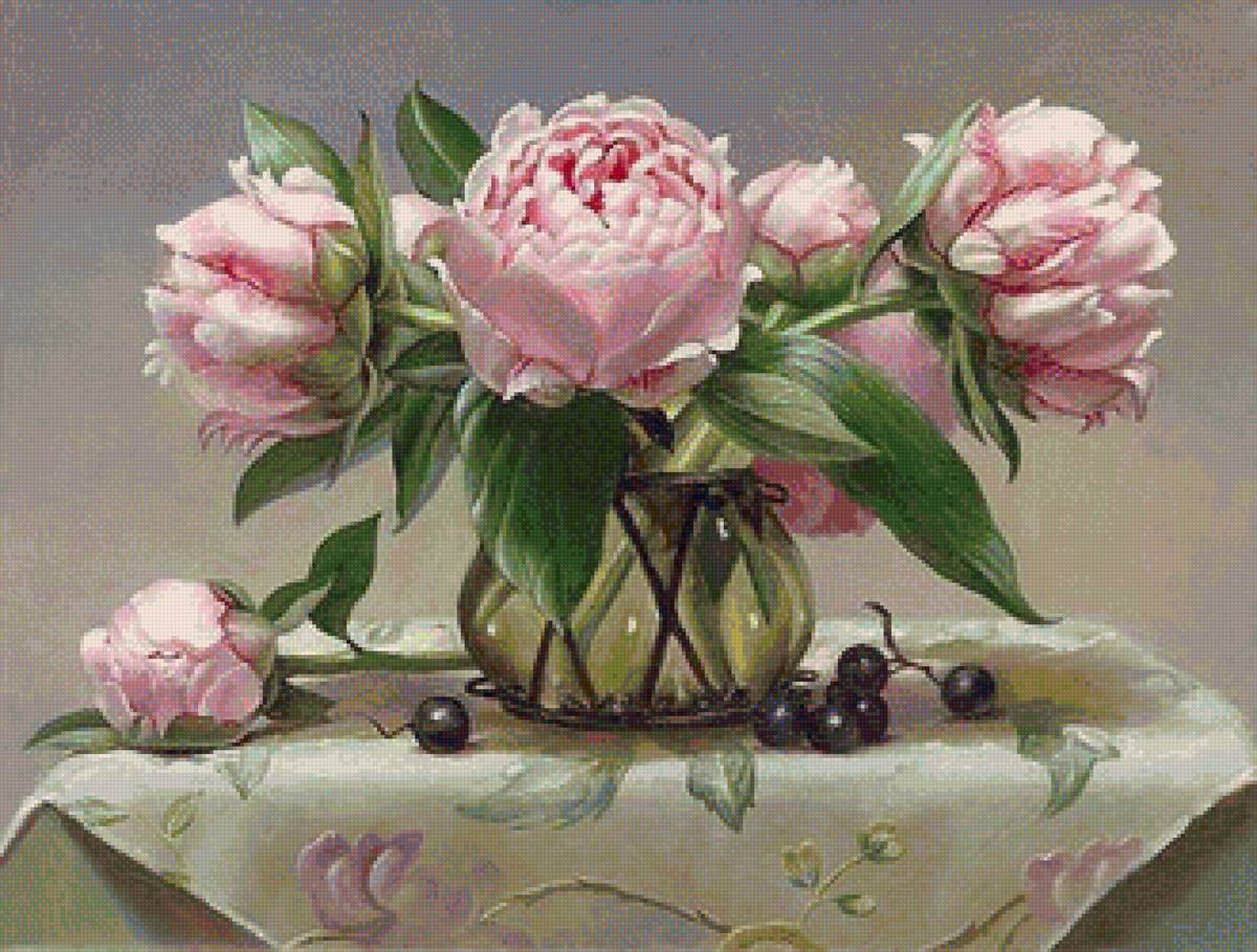 Худ. Грейс Ким - ваза, цветы, пионы, букет - предпросмотр