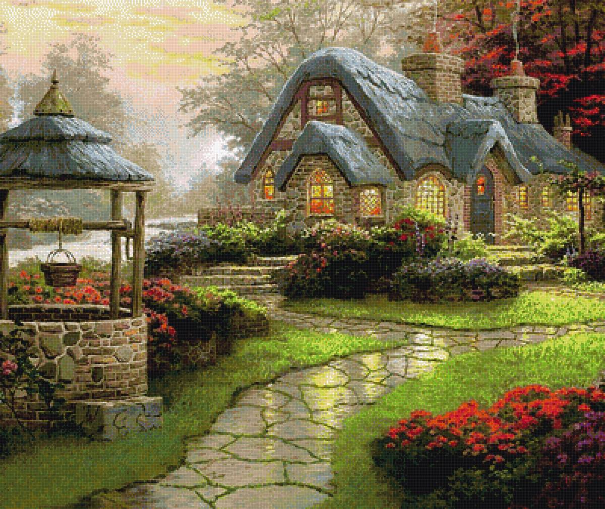 Дом с колодцем - колодец, сад, дом - предпросмотр