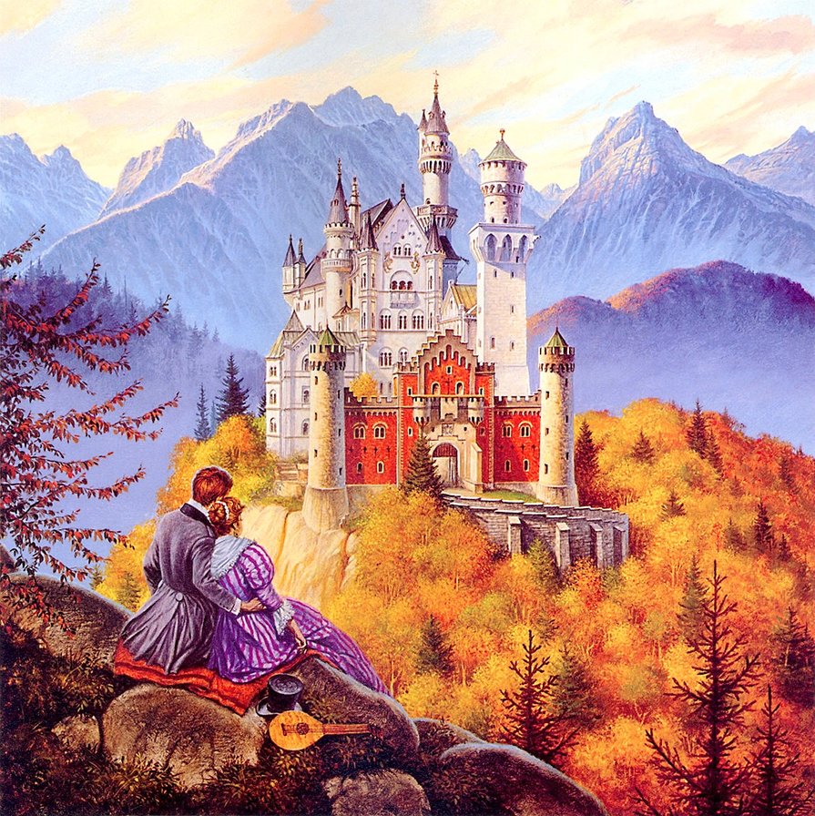 старый замок - нойшванштайн, пейзаж, горы, neuschwanstein, пара, замок, осень - оригинал