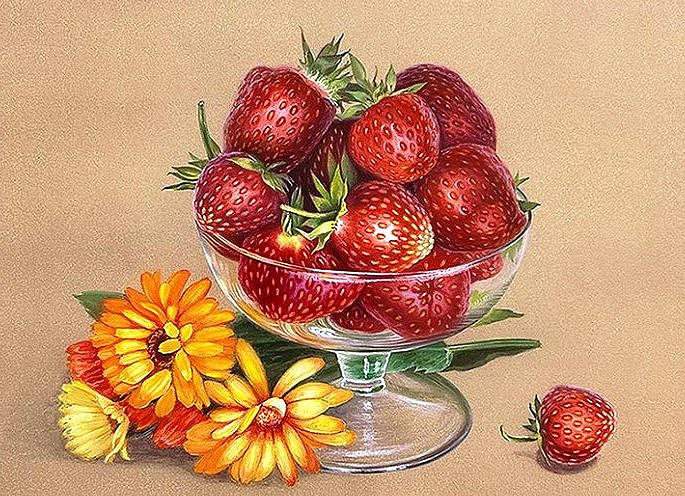 Клубника с календулой - клубника, ягоды, цветы, календула - оригинал