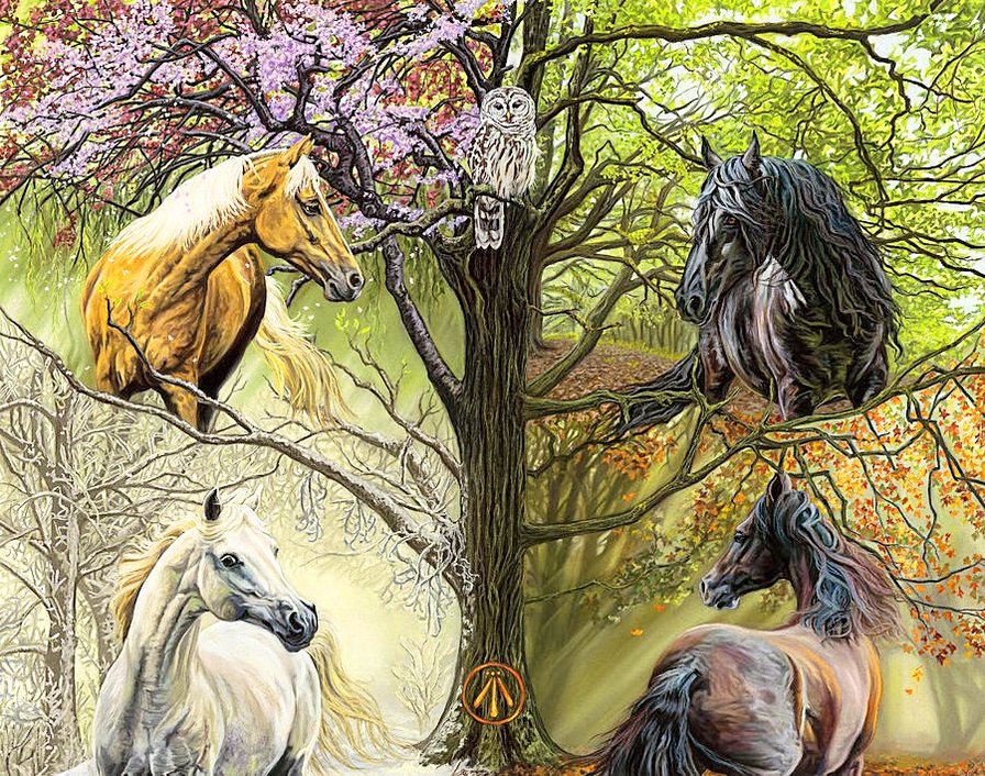 времена года - домашние животные, лошади, осень, лето, весна, времена года, кони, зима - оригинал