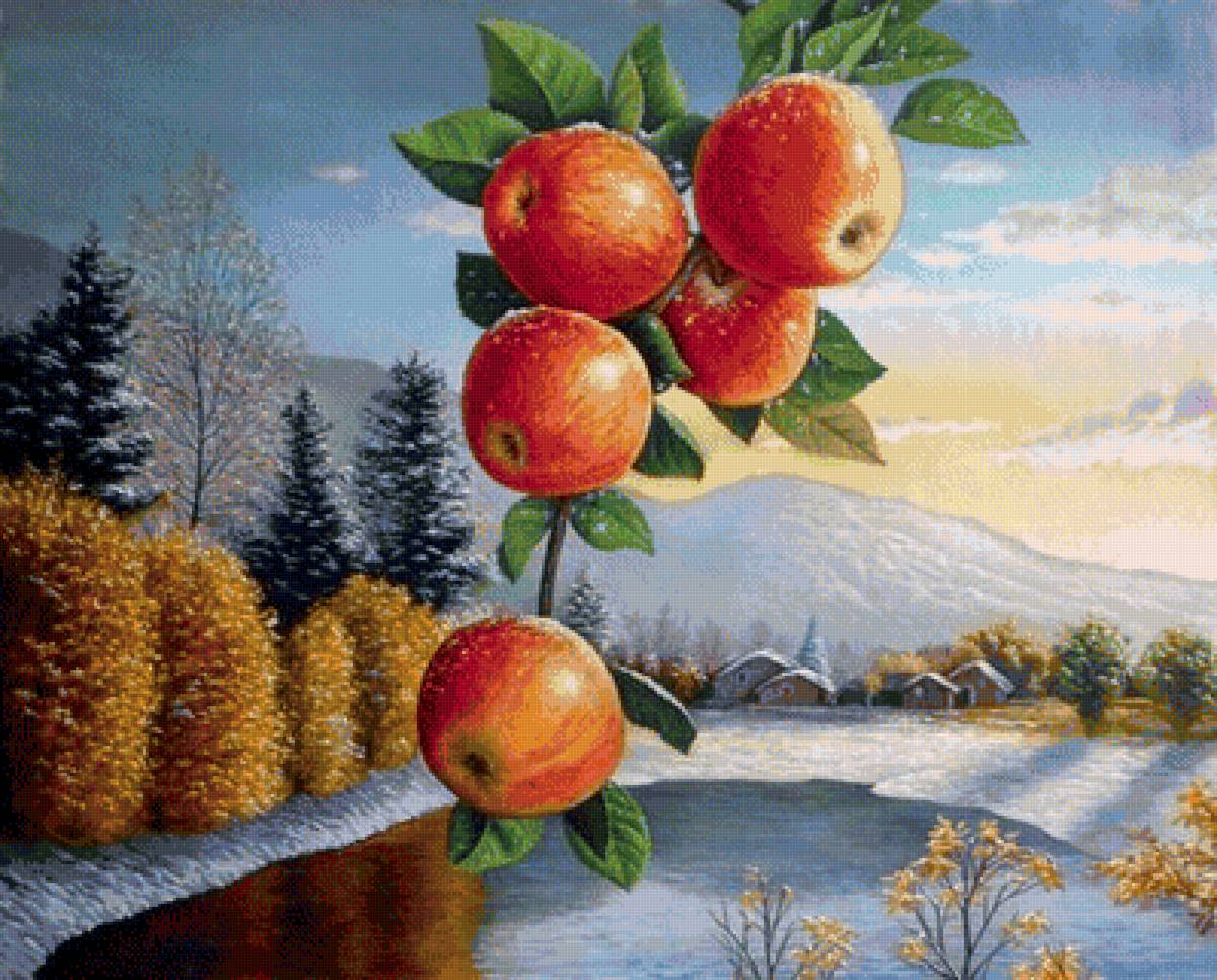 Яблоня картина. Пейзаж яблоко. Яблоня пейзаж. Красивые картины с яблоками. Яблоки на ветке живопись.