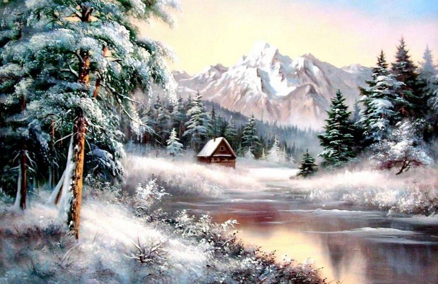 Домик в горах - пейзаж, картина, горы, природа, река, зима - оригинал