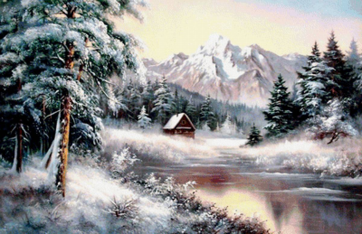 Домик в горах - природа, горы, пейзаж, картина, зима, река - предпросмотр