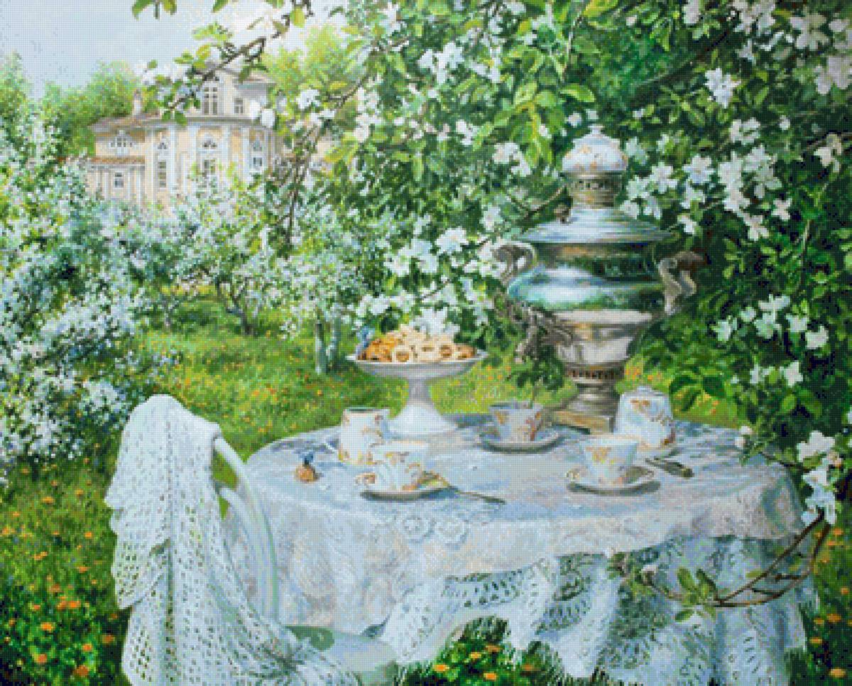 Чаепитие в весеннем саду - весенний пейзаж, самовар, чаепитие, весенний сад, весна, цветущий сад - предпросмотр