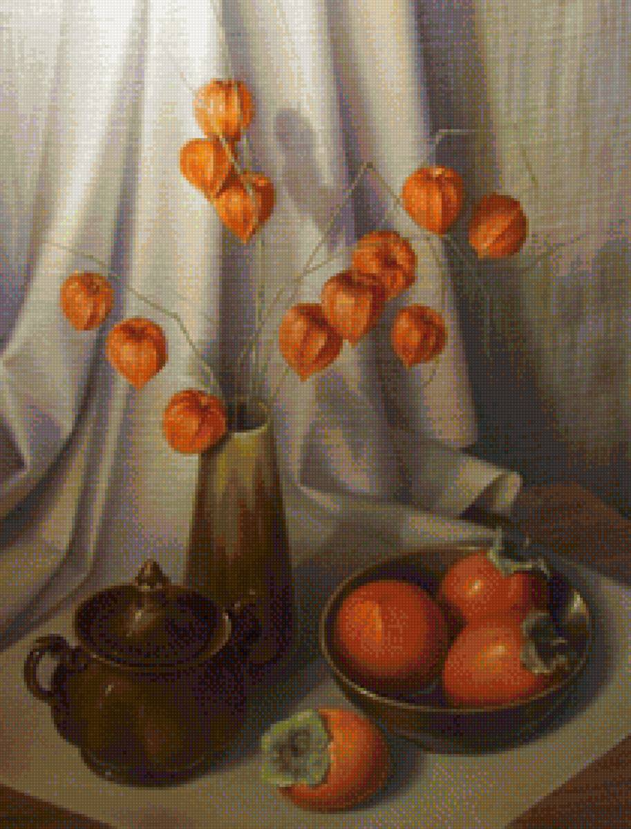 Худ. Широкова Натюрморт с физалисом - ваза, натюрморт, физалис, хурма - предпросмотр