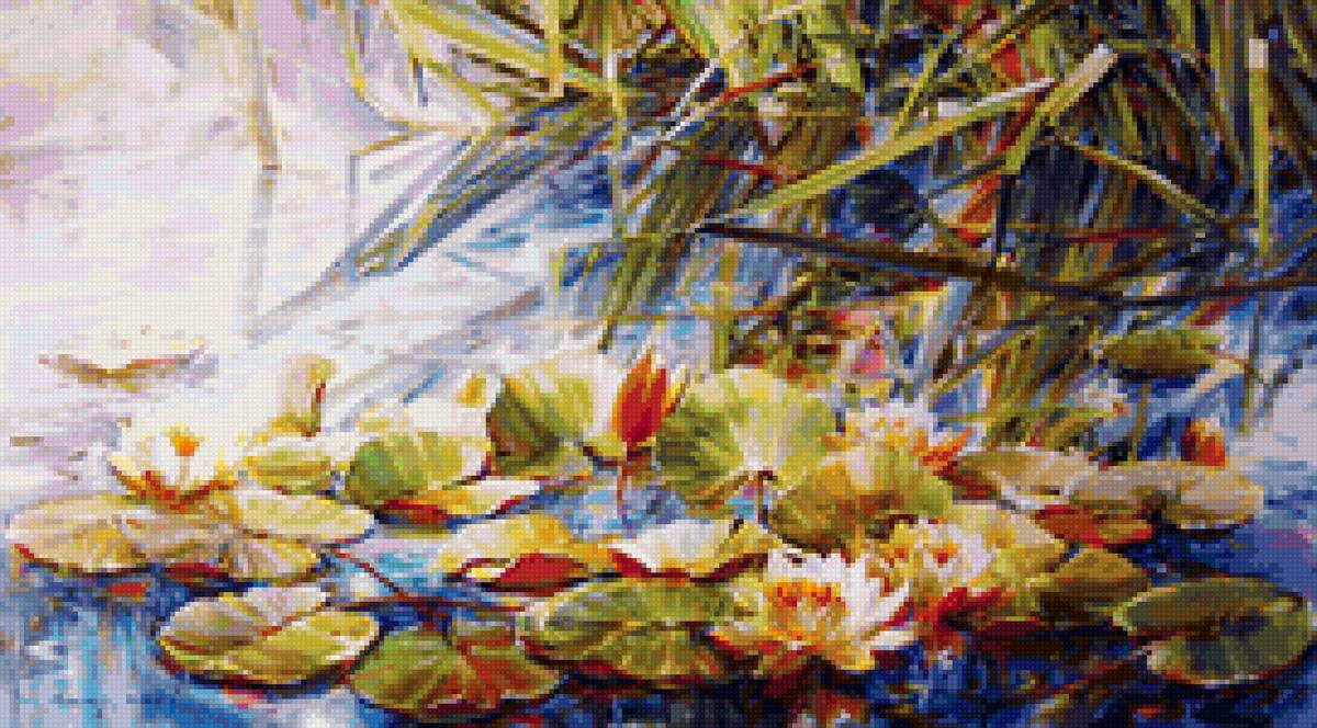 лилии в пруду - пруд, акварель, лилии, пейзаж - предпросмотр