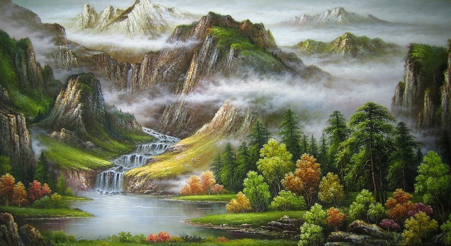 горный пейзаж - горы, озеро, пейзаж, лето, осень, туман, лес, водопад - оригинал