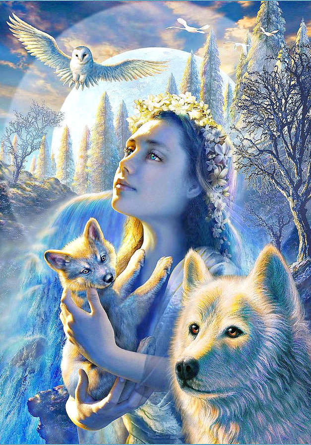 2 лика луны - сказка, ночь, животные, девушка - оригинал