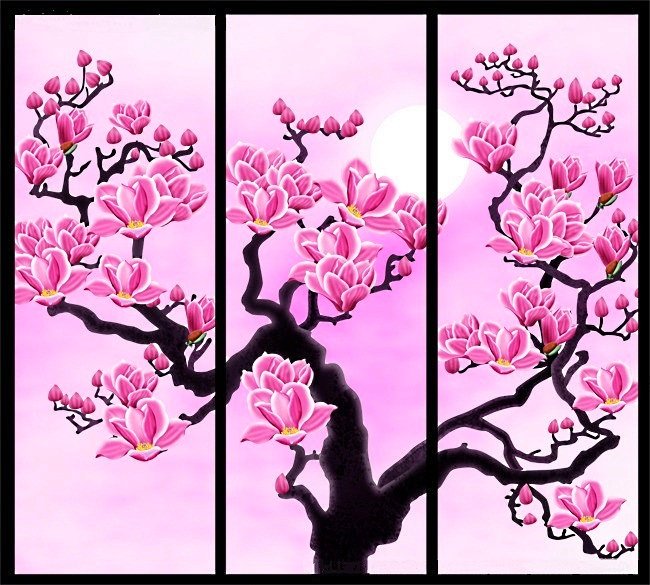 цветущая магнолия - весенние цветы, луна, триптих, розовые цветы, магнолия, ночь - оригинал