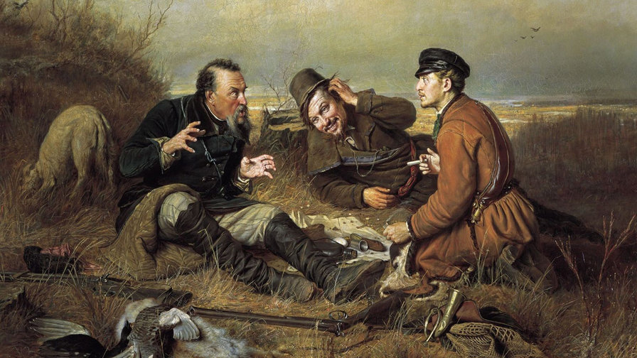 Охотники на привале (Перов В.И.) - шедевр, мужчина, охота, картина, природа, художник - оригинал