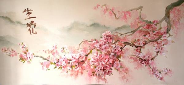 Ветка сакуры - цветы, сакура, восток, иероглиф - оригинал