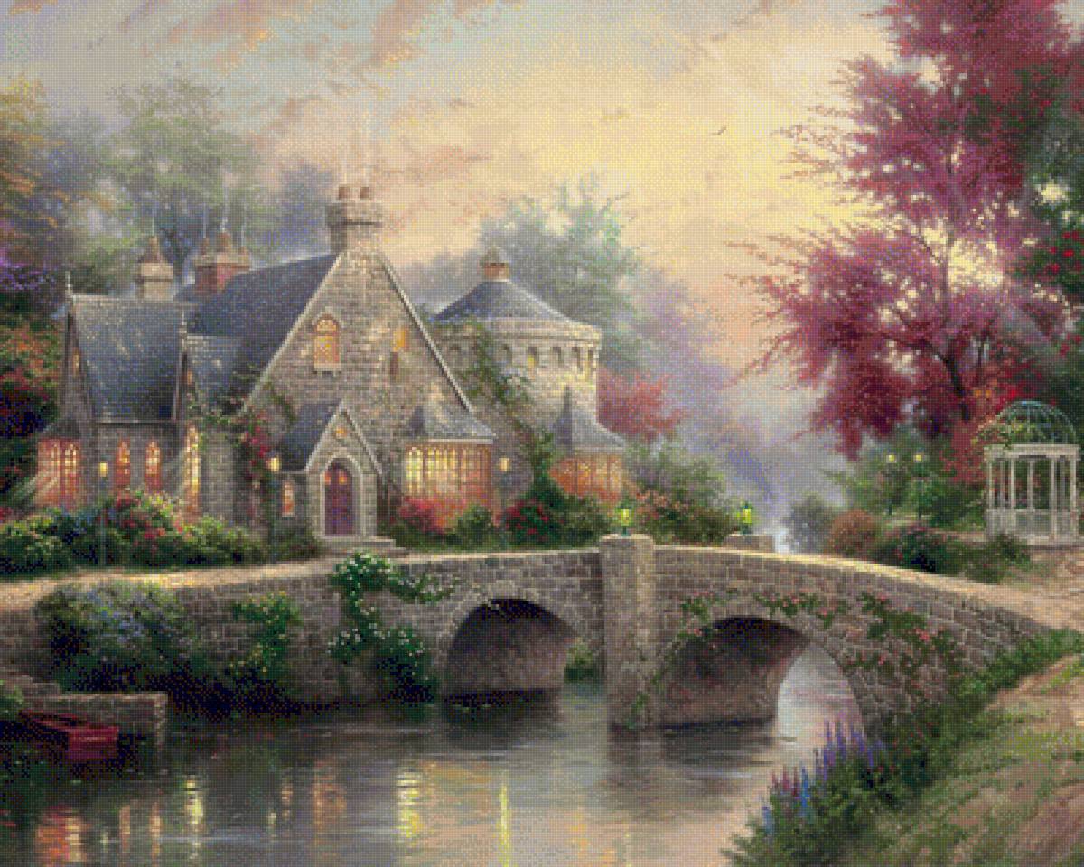 №1257422 - дом, семья, природа, мост, вода, небо, пруд - предпросмотр