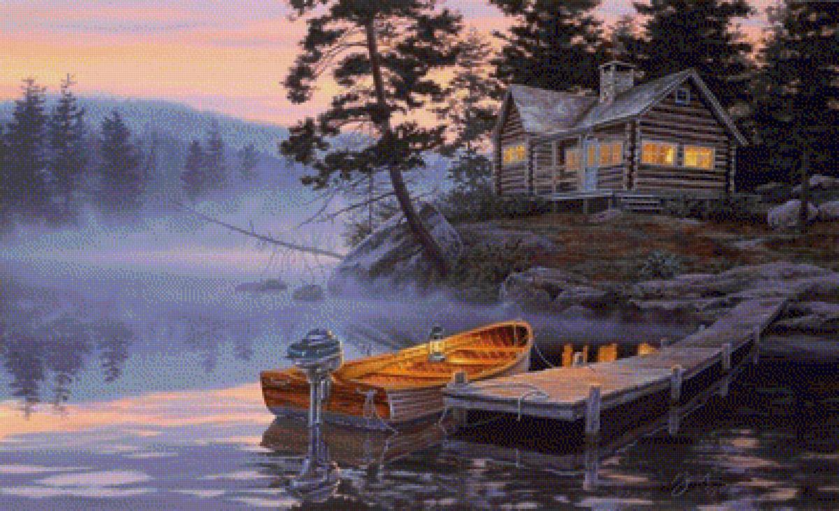 №1257465 - вода, озеро, лодка, дом, туман - предпросмотр