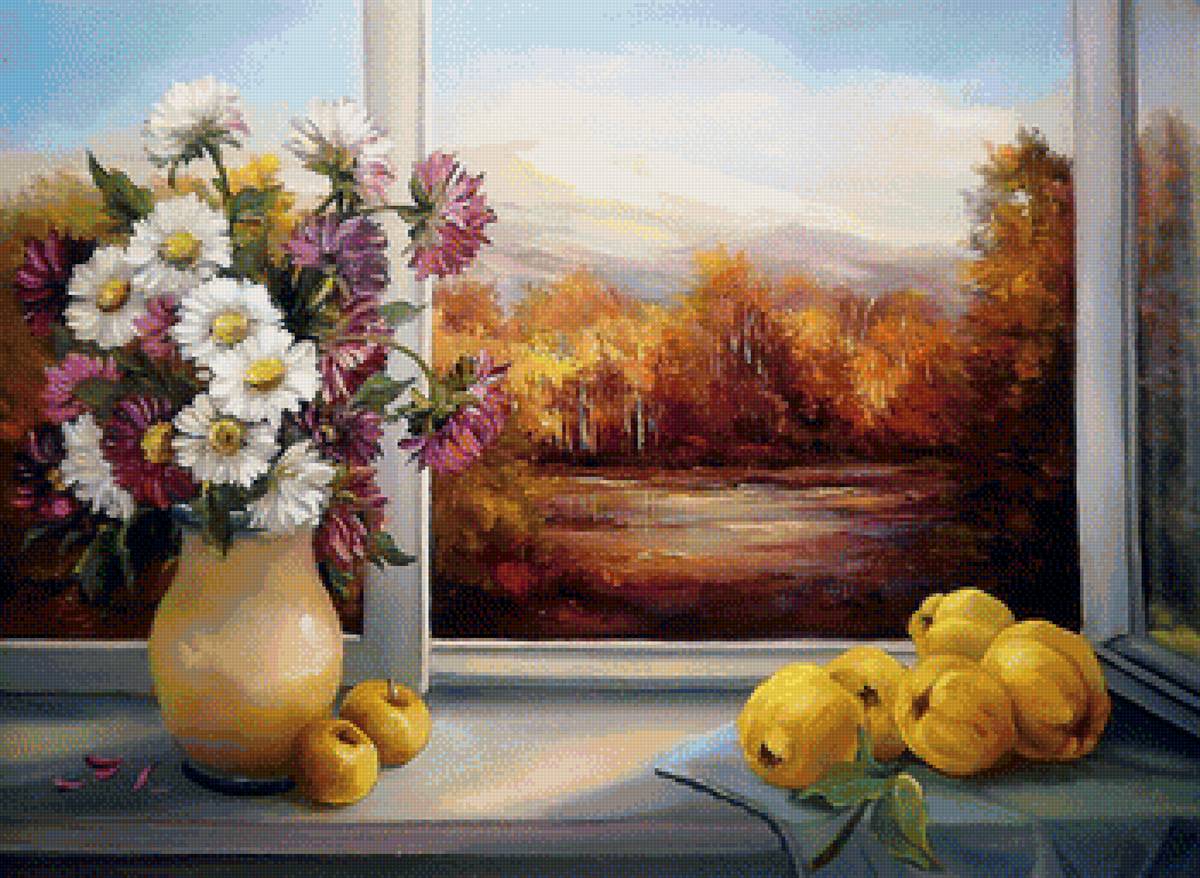 Худ. Анка Булгару (Румыния) - фрукты, цветы, ваза, натюрморт, окно - предпросмотр