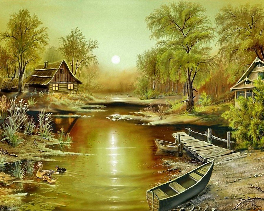 сказочный пейзаж - пруд, природа, картина, пейзаж, закат - оригинал