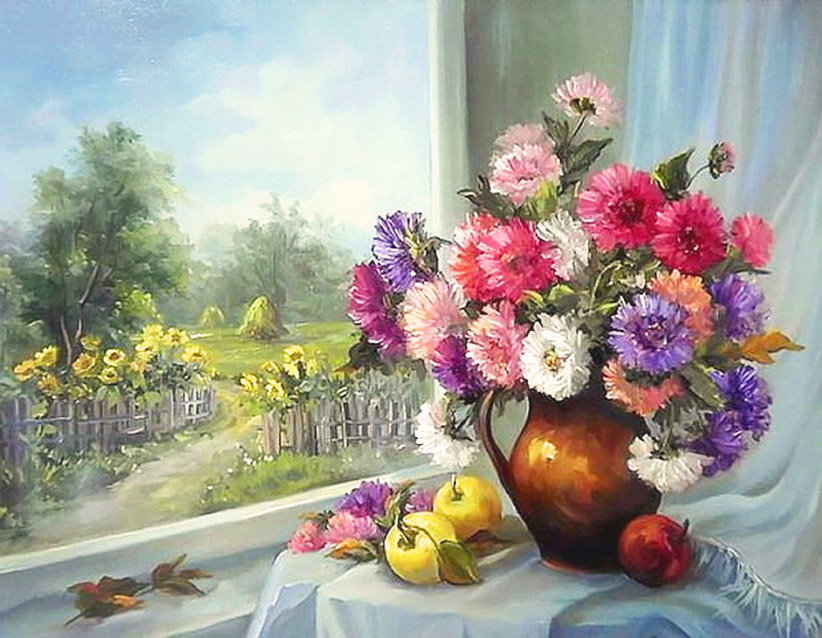 Худ. Анка Булгару (Румыния) - ваза, натюрморт, фрукты, окно, цветы - оригинал