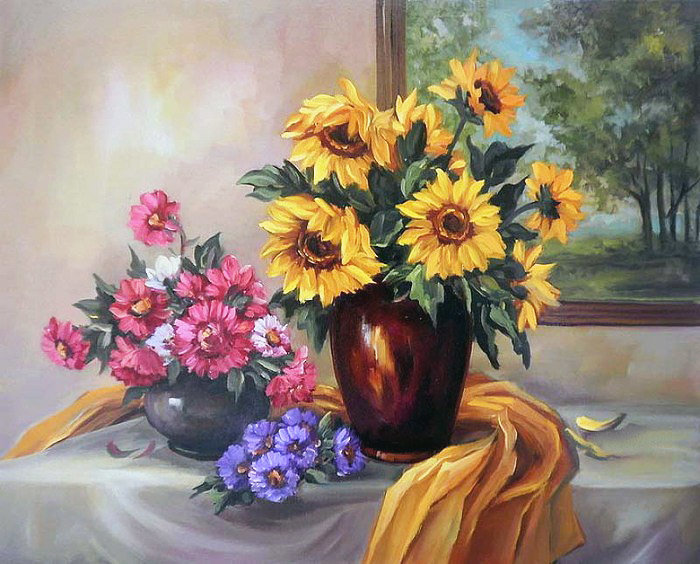 Худ. Анка Булгару (Румыния) - природа, натюрморт, окно, цветы, ваза - оригинал