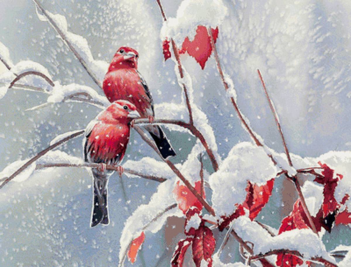 Серия "Пташка" - птички на ветке, зима, снег - предпросмотр