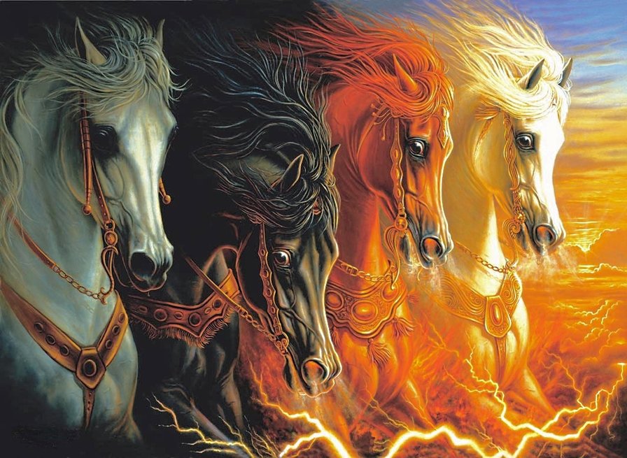 огненная четвёрка - белый конь, кони, домашние животные, лошади - оригинал