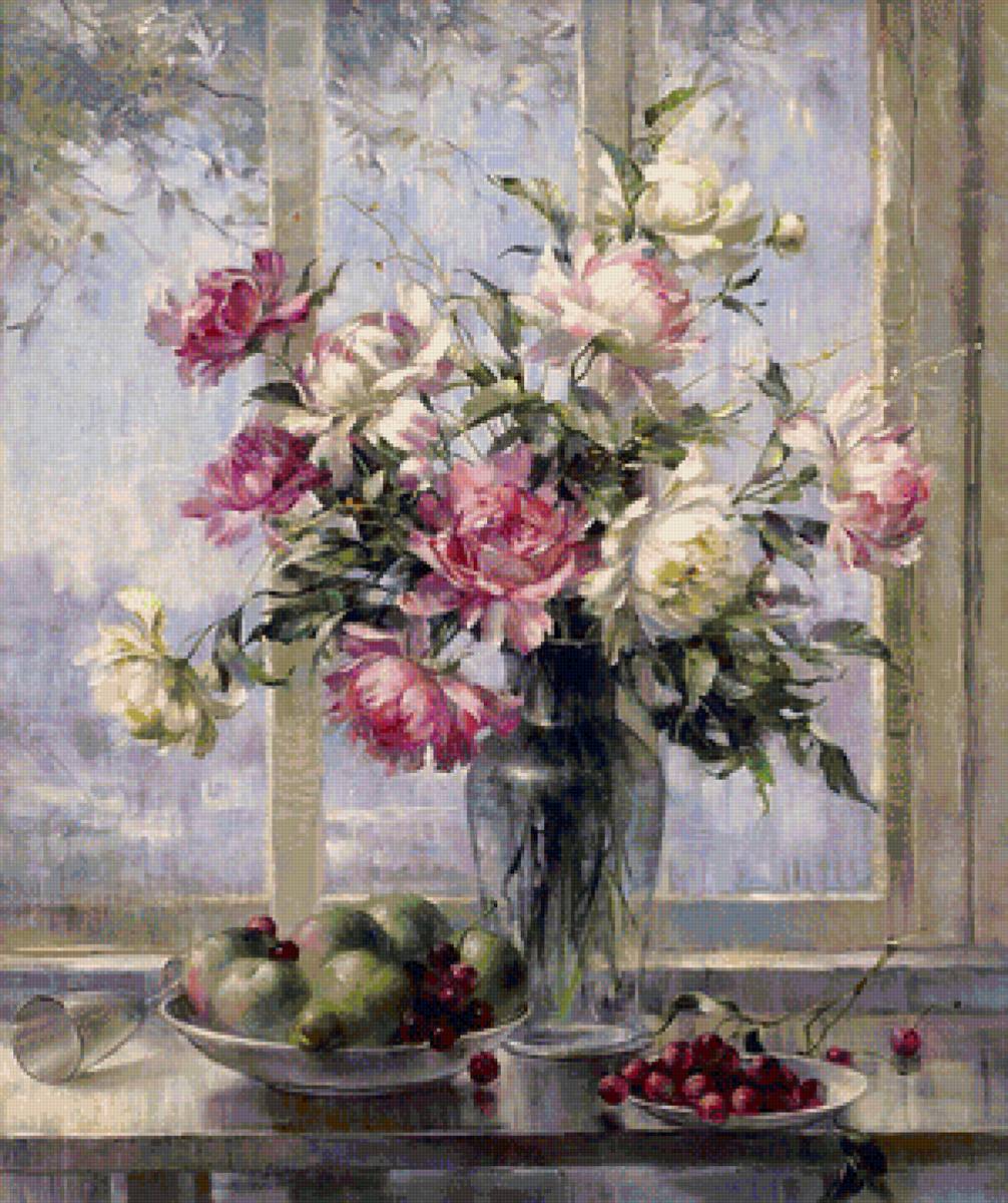 Худ. Вьюгова Римма - пионы, цветы, окно, ваза, натюрморт - предпросмотр