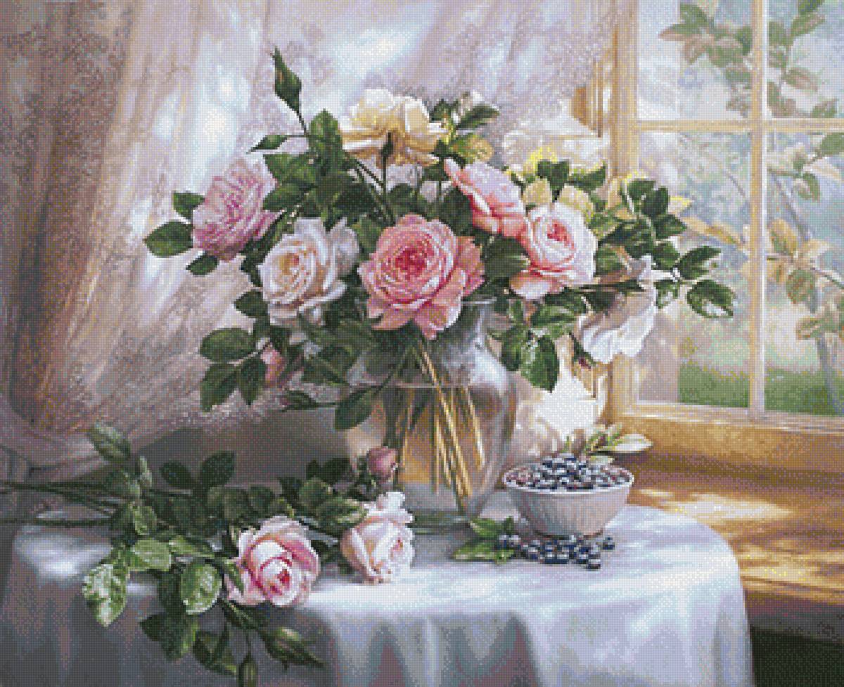 Худ. Сатаров Михаил - цветы, розы, окно, ваза, натюрморт - предпросмотр