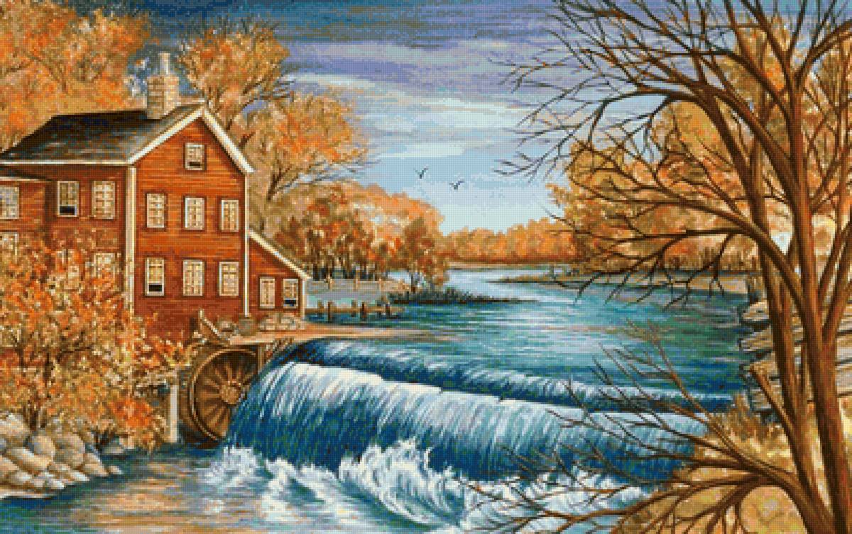 Пейзаж - река, пейзаж, мельница, природа - предпросмотр