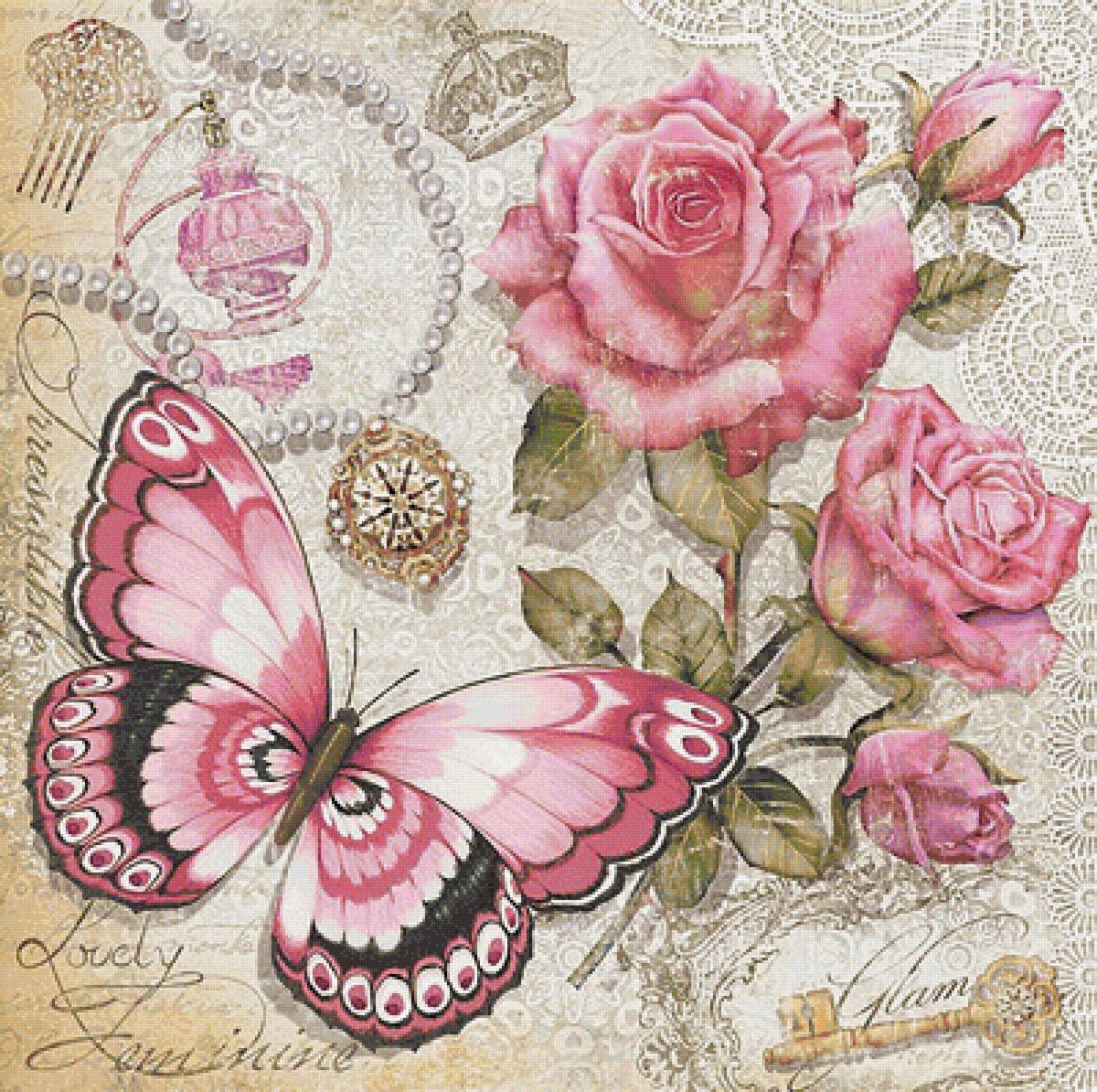 бабочки и цветы - розовые цветы, розы, бабочка, подушка - предпросмотр
