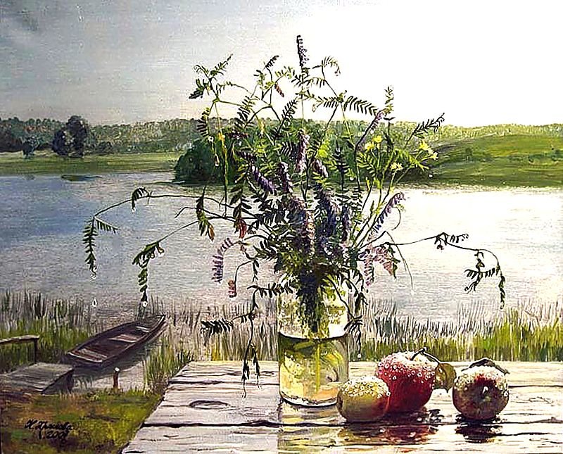 По картине худ. Нины Красновой " После дождя". - река, пейхаж, живопись., букет - оригинал
