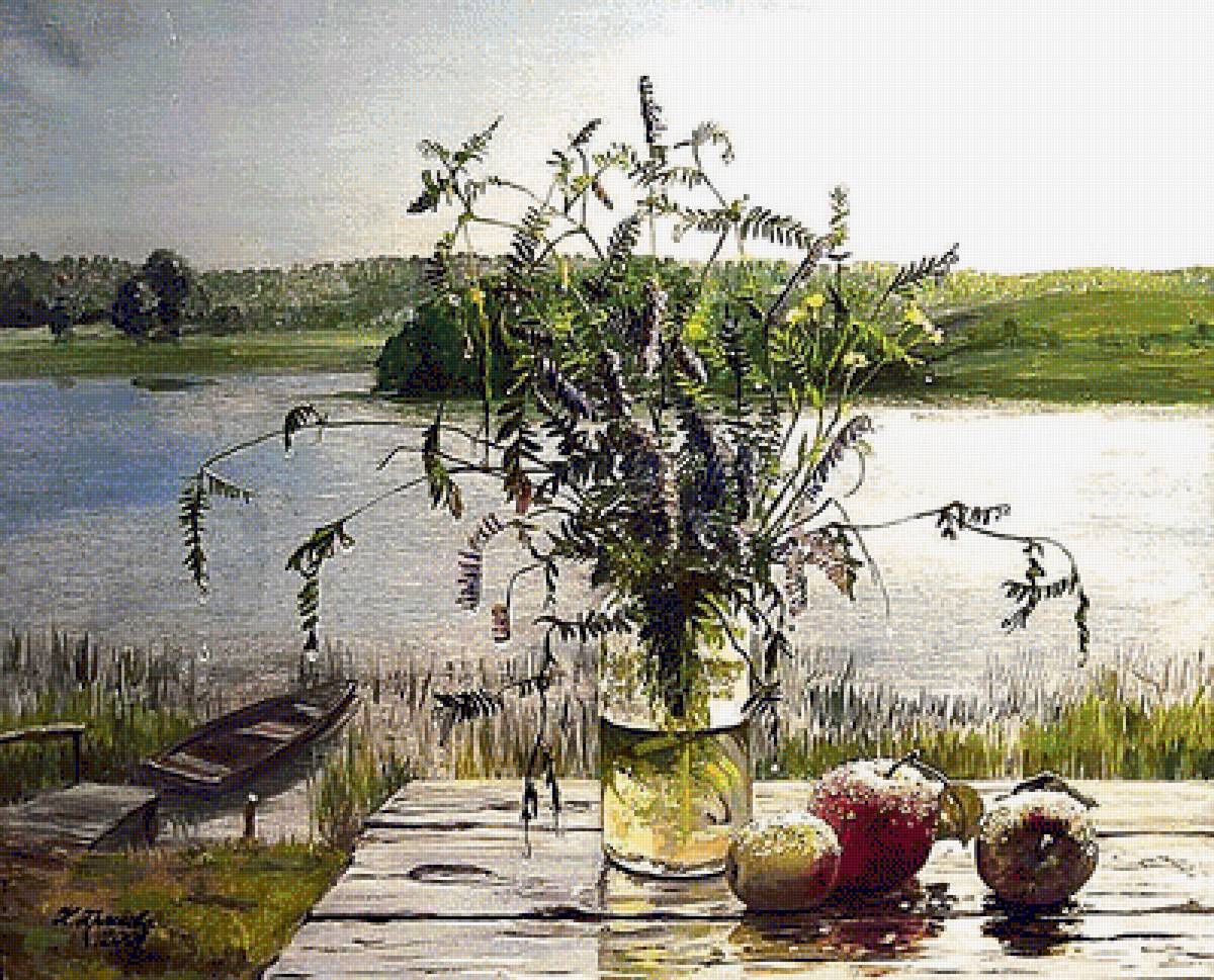 По картине худ. Нины Красновой " После дождя". - река, букет, пейхаж, живопись. - предпросмотр