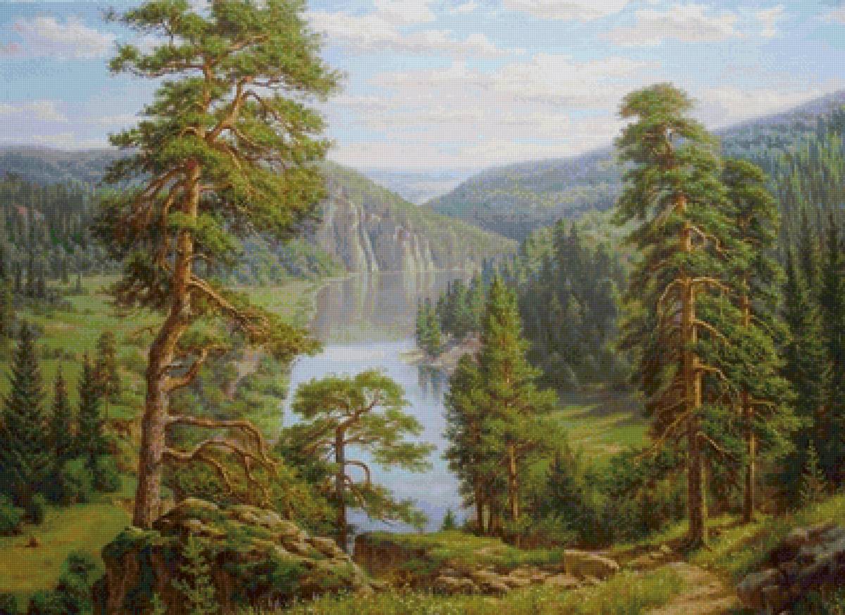 Родные просторы - пейзаж, картина, река, лес, природа - предпросмотр