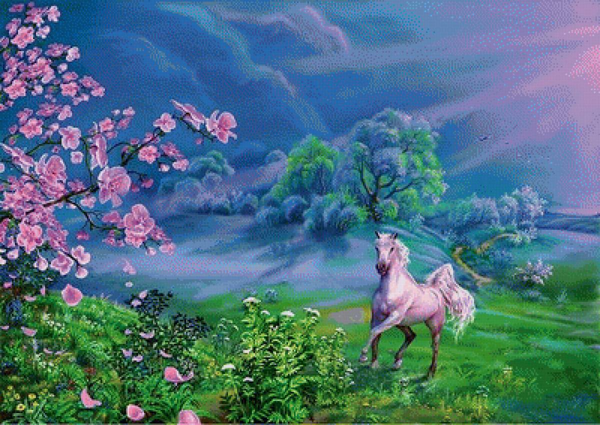 Лошадка - закат, цветы, пейзаж, луг - предпросмотр