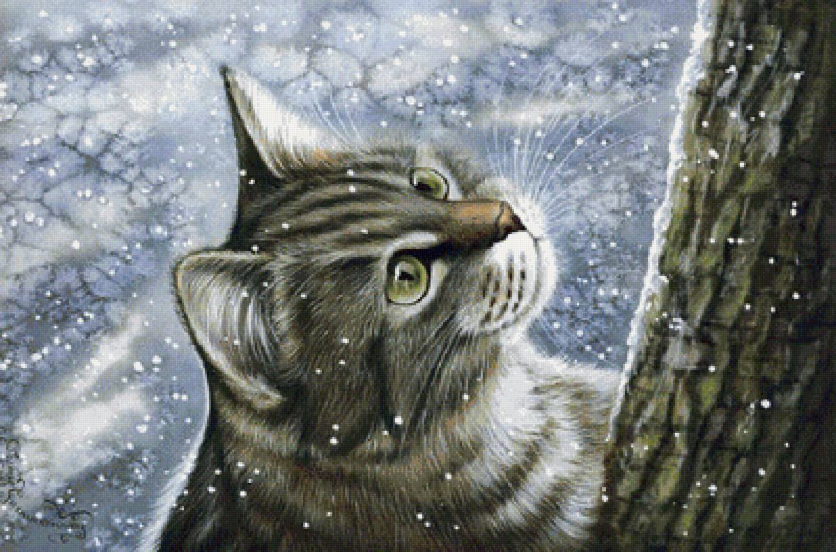 Котик - картина, дерево, и.гармашова, снег., кот - предпросмотр