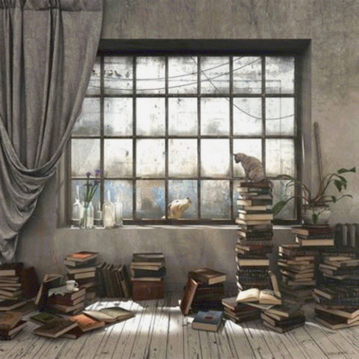 pokój na strychu - kot, ksiazki, pokoj - предпросмотр