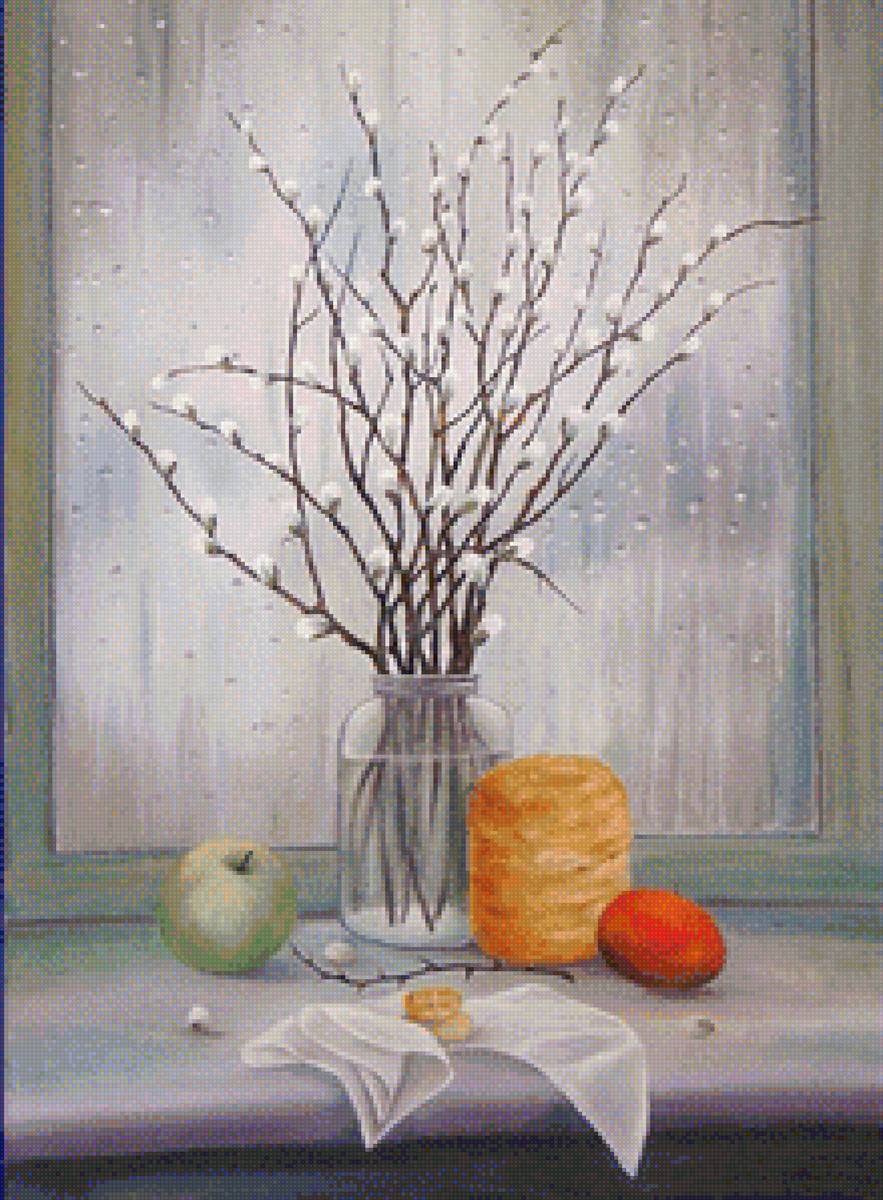 Худ. Колодин Ал-др Иванович.Вербный вздох весны - верба, окно, натюрморт - предпросмотр