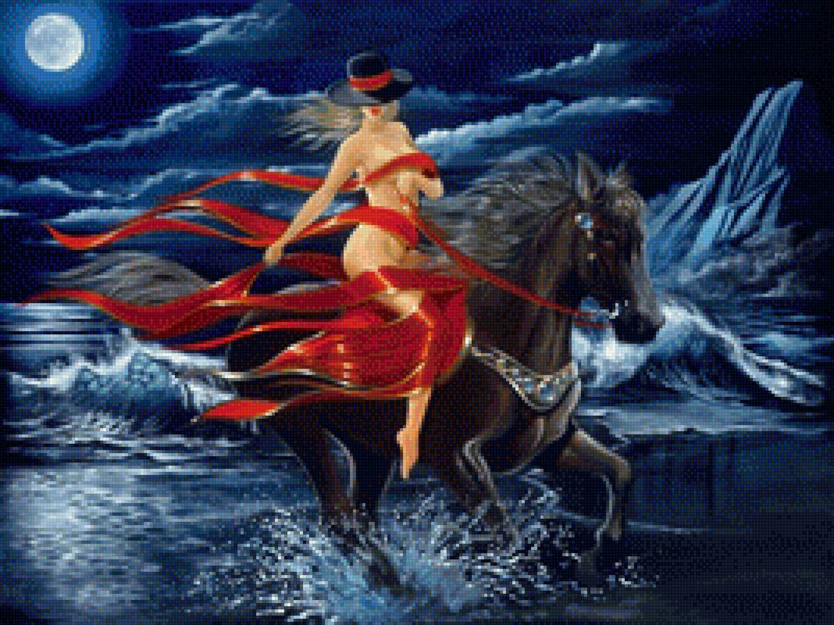 ночная всадница - ночь, женщина, всадники, кони - предпросмотр