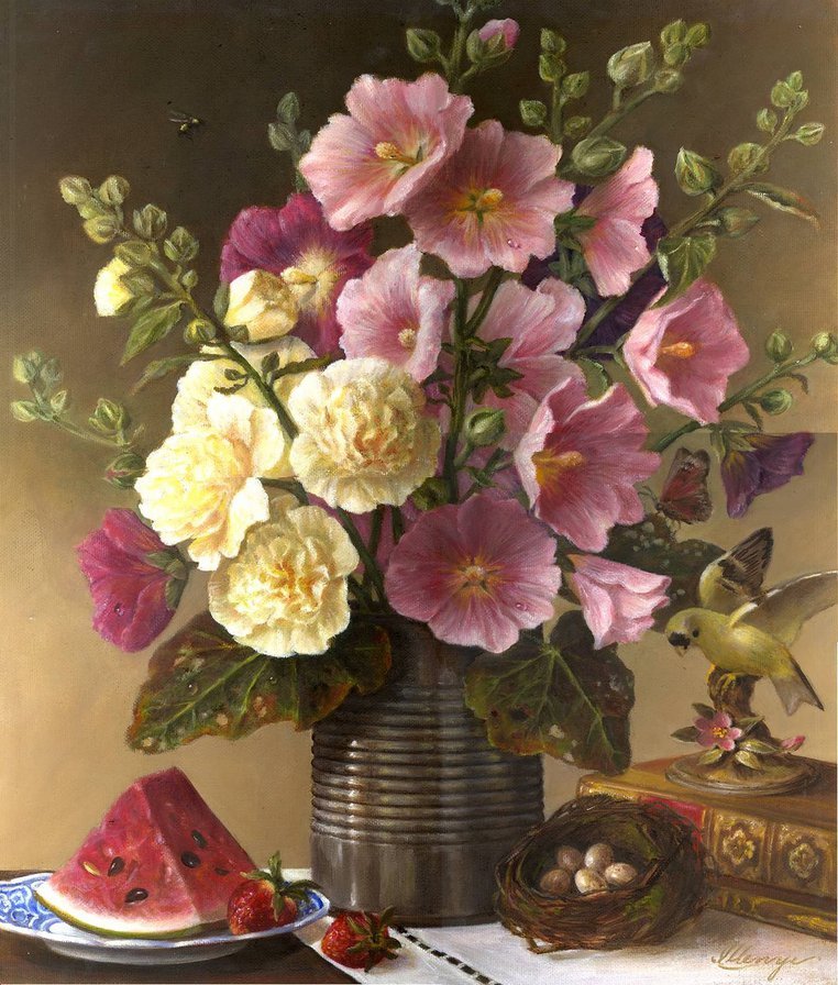 мальва - ваза, цветы - оригинал