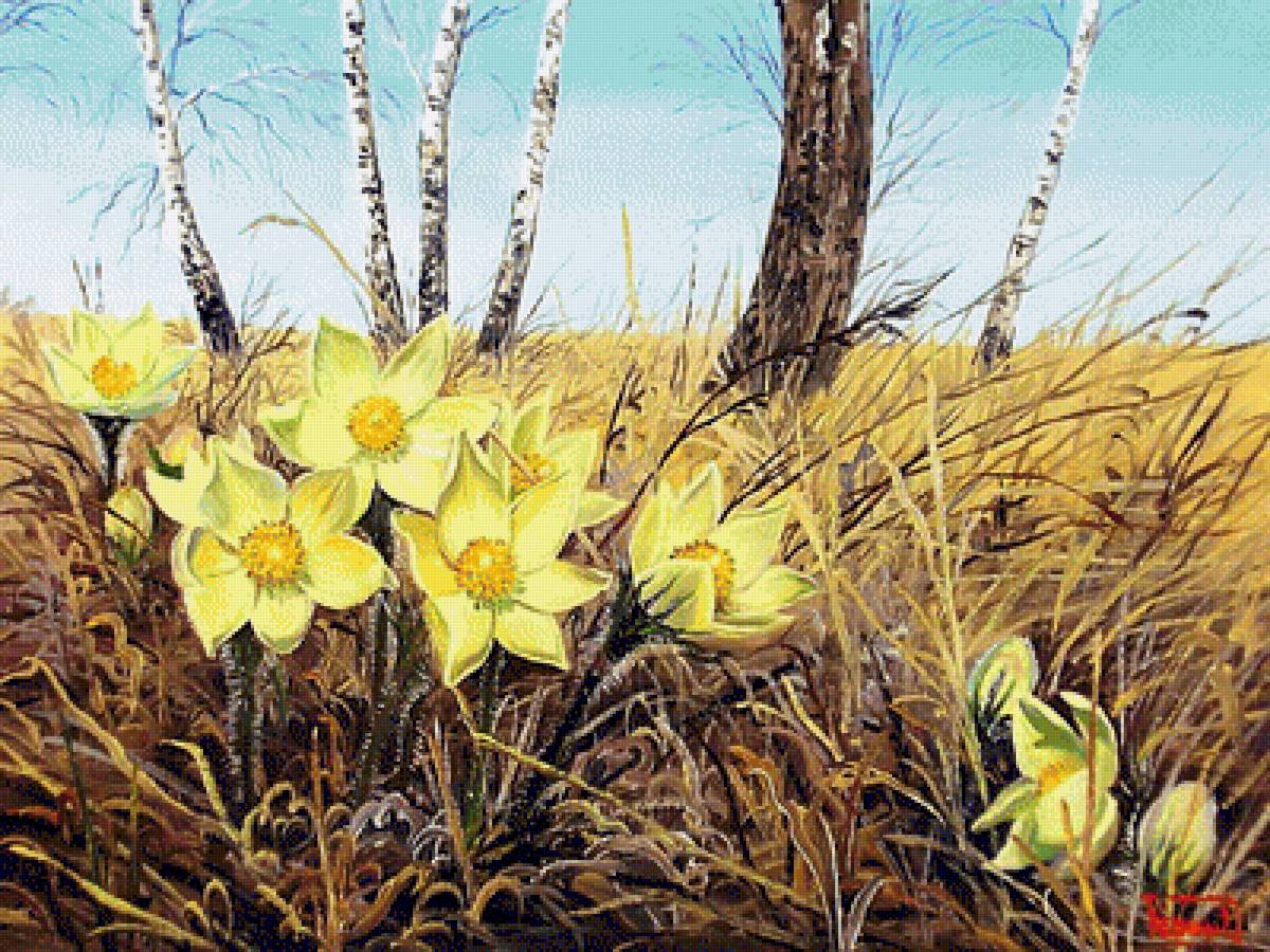 По картине худ. Дмитрия Репина "Первоцветы" - цветы, живопись., пейзаж - предпросмотр