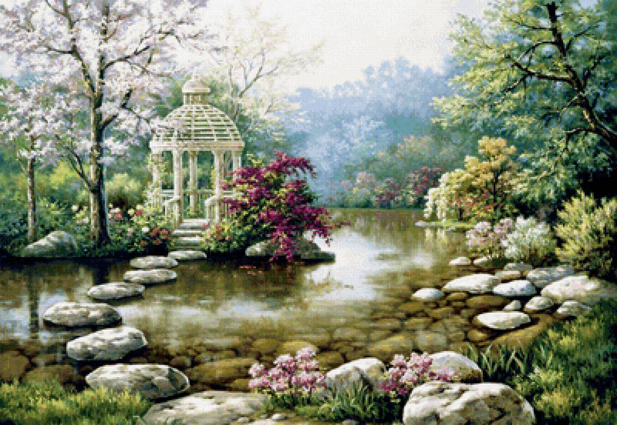 Беседка у воды. - пруд, природа, пейзаж, картина - предпросмотр