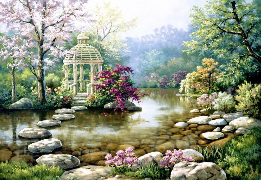 Беседка у воды - картина, пруд, пейзаж, природа - оригинал