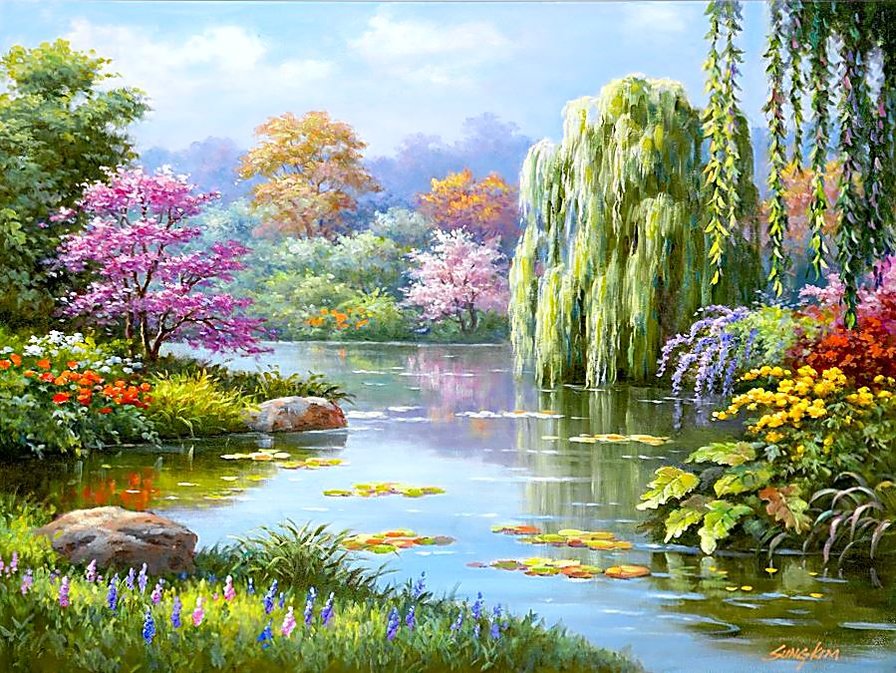 №1266395 - пейзаж, цветы, живопись, природа, пруд, весна - оригинал